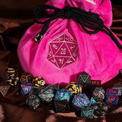 DND Dice Bags Large with Pockets Pink Storage Bag with D20 Logo for RPG Game Dices - Capacity 200+ Dice