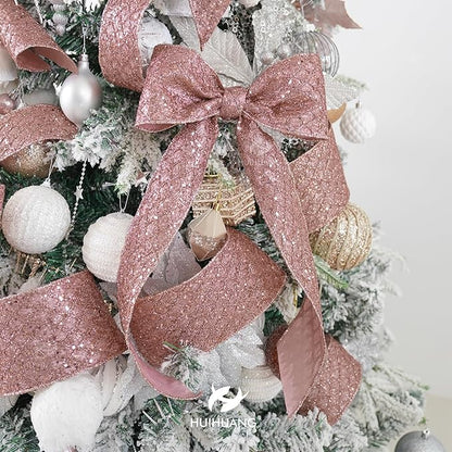 HUIHUANG Rose Gold Glitter Wired Ribbon for Christmas Tree 2.5 inch Rose Gold Diamond Mesh Ribbon for Tree Decoration, Wreaths, Garland, Gift Wrapping, Bows Making, Home Decor -10 Yards