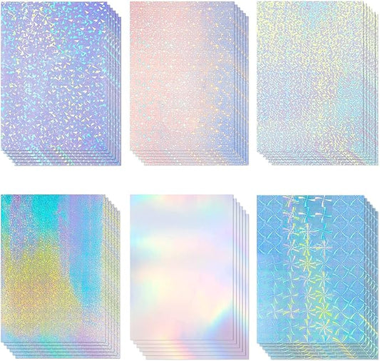 60 Sheets Holographic Laminate Sheets Clear Glitter A4 Size Vinyl Sticker Paper Holographic Overlay Self Adhesive Waterproof Film, 11.7 x 8.3 Inch (Gem, Rainbow, Spot, Star, Sand Star, Wind Mill)