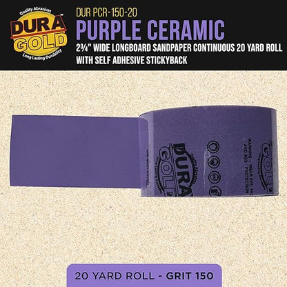 Dura-Gold Premium 150 Grit PSA Purple Film Ceramic Longboard Sandpaper, 2-3/4" Wide Continuous 20 Yard Roll - Self Adhesive Stickyback for Auto & Wood Air File Long Board Sanders, Hand Sanding Blocks
