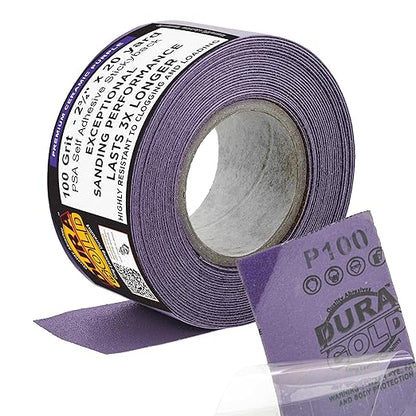 Dura-Gold Premium 100 Grit PSA Purple Film Ceramic Longboard Sandpaper, 2-3/4" Wide Continuous 20 Yard Roll - Self Adhesive Stickyback for Auto & Wood Air File Long Board Sanders, Hand Sanding Blocks