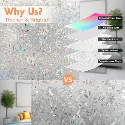 Hilarious Privacy Window Film, Tulip Window Vinyl, Stained Glass Static Stickers, 3D Decorations for Glass Windows, Removable Window Covering, Adhesive-Free Stickers (29.5'' x 118'')