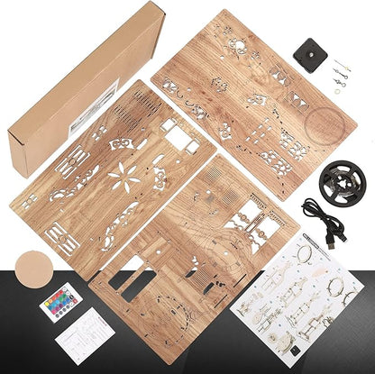 3D Wood Puzzle LED Tower Clock, 3D Puzzle Building Desktop Clock Model DIY Architectural Building Blocks (LED-TC01 Wood)