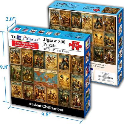 Think2Master Ancient Civilizations World History Jigsaw Puzzle 500 Pieces Large Format for Kids 12+, Teens, Adults & Families. Great Gift. Historical Timeline & World Map. Size: 26.8” X 18.9”