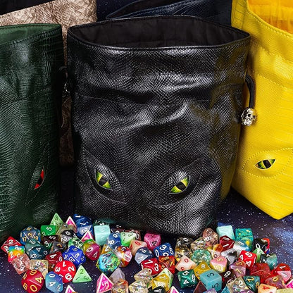 Large DND Dice Bag Leather Dice Storage Bag Black D&D Drawstring Pouch with Pockets for RPG Table Games - Can Hold 200+ Polyhedral Dice