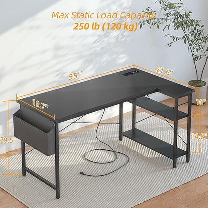TIQLAB L Shaped Computer Desk with Power Outlets, 55 Inch Small Corner Desk with Reversible Shelves, Gaming Desk Computer Table Study Writing Table for Home Office Bedroom Small Space, Black