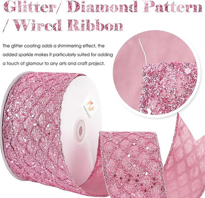HUIHUANG Pink Glitter Wired Ribbon for Christmas Tree 2.5 inch Light Pink Diamond Mesh Wire Ribbon for Tree Decoration, Wreaths, Garland, Gift Wrapping, Bows Making, Home Decor -10 Yards