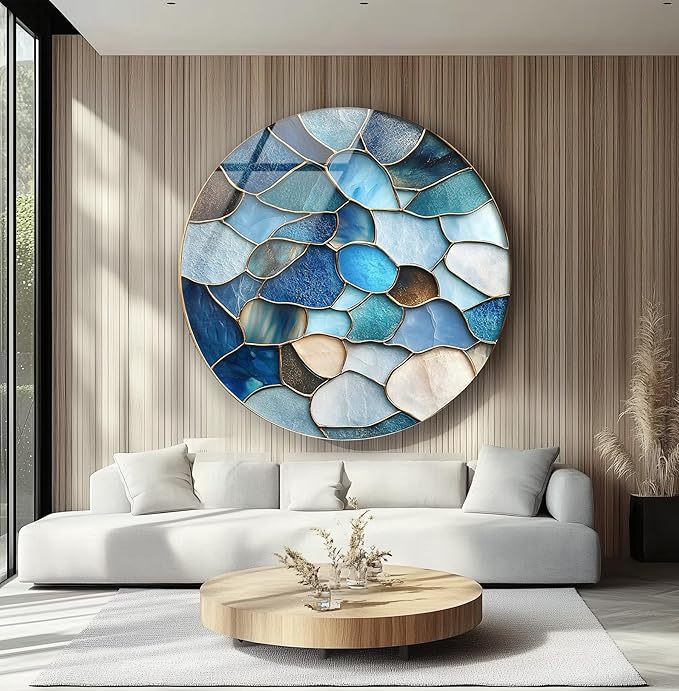 My Photostation.com 39,4''(100cm) Diameter Coastal Blue Stone Mosaic Round Glass Wall Art Tempered Glass Printing Wall Decor Large Wall Art Wall Hangings