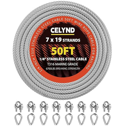 Stainless Steel Cable for Railing - 50FT 1/4" T316 Wire Rope with Clamps and Thimbles - 7 x 19 Strands 6700 LBS Breaking Strength for Outdoor Deck Railing Zipline