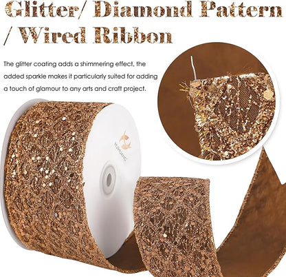 HUIHUANG Glitter Copper Wired Ribbon 2.5 inch Copper Diamond Mesh Wire Edge Ribbon for Christmas Tree, Thanksgiving Fall Decor, Wreaths, Garland, Gift Wrapping, Bows Making -10 Yards