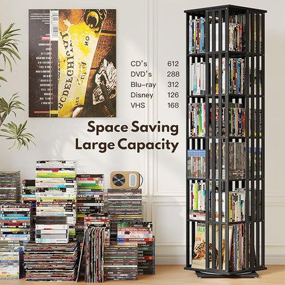 XIMN 360° Rotating Bamboo CD/DVD Shelf - 6-Tier Space-Saving Media Storage Cabinet for Movies, Organizer with Super Compact Design (Black, 6 Tier)