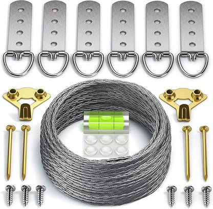 Heavy Duty Picture Wire Hanging Kit - D-Ring, Screws, Hanging Hooks,Level. Supports up to 100 lbs 50+ Feet (15.25M) Stainless Steel Wire Hanger