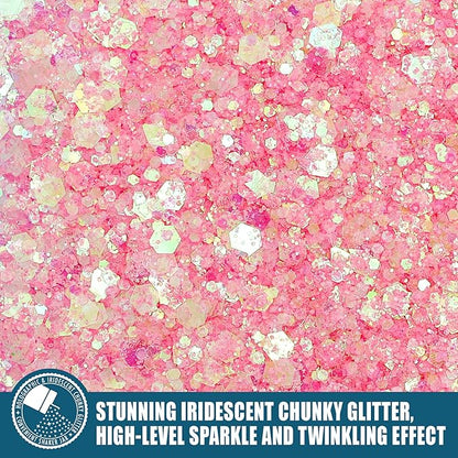 Iridescent Chunky Glitter 5.64oz/160g, Ultra Fine Glitter Powder Mixed Chunky PET Flakes Sequins for Resin Epoxy Craft Arts, Tumbler, Cosmetic Glitter for Body Nail Hair Eye Party Festiva (Disco Pink)