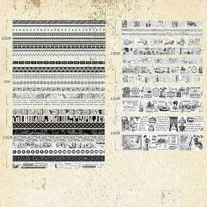36 Rolls Vintage Washi Tape Pack Retro Arts Adhesive Tapes Wide Chronicle Decorative Masking Tape Sets for Craft, Kids, Scrapbook, DIY, Gift Wrapping (Black & White Light)