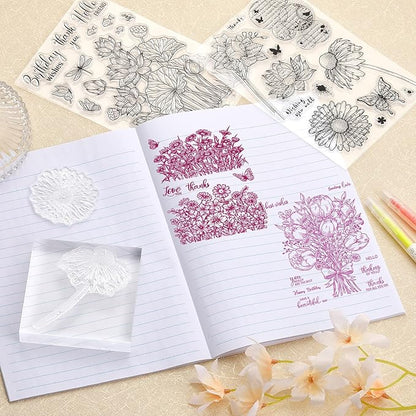 ORIGACH 9 Sheets Plants and Flowers Clear Stamps Silicone Transparent Stamps for Card Making Decoration and DIY Scrapbooking