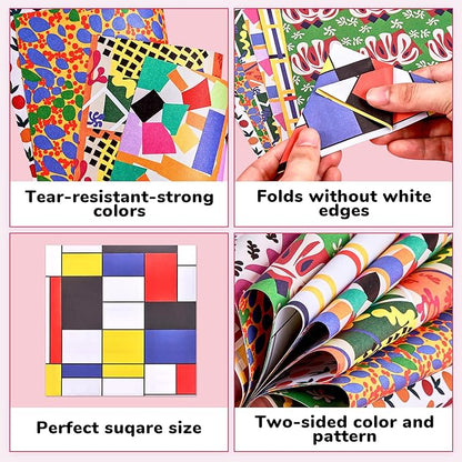 Origami Paper 6x6 Inches, 50 Sheets, Vintage Masterpiece & Impressionist Art, Mondrian Neo-Plasticism & Matisse - Fauvism,Double-Sided Folding Paper for Adult,Kids, Ideal for Scrapbooking, DIY Craft