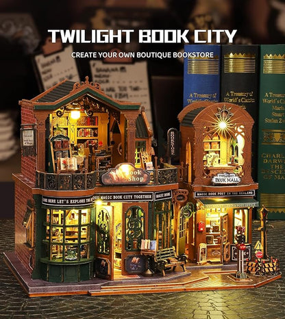 DIY Dollhouse Miniature House Kit,DIY Kit Mini House Model Comes with dust Cover and Music Box, Best Christmas Birthday Gift for Lovers Boys and Girls（Twilight Book City
