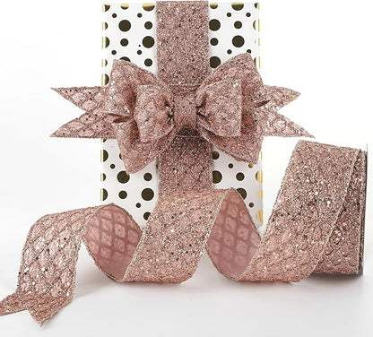 HUIHUANG Rose Gold Glitter Wired Ribbon for Christmas Tree 2.5 inch Rose Gold Diamond Mesh Ribbon for Tree Decoration, Wreaths, Garland, Gift Wrapping, Bows Making, Home Decor -10 Yards