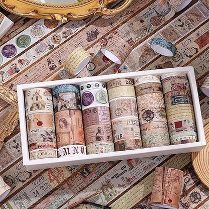 34 Rolls Vintage Washi Tape Set,Letter Map Stamp Stripe Literature Art Writable Aesthetic Washy Decorative Tapes for Scrapbooking, Junk Journal Supplies, Bullet Journaling 5-50mm Wide (3m Long)/Roll