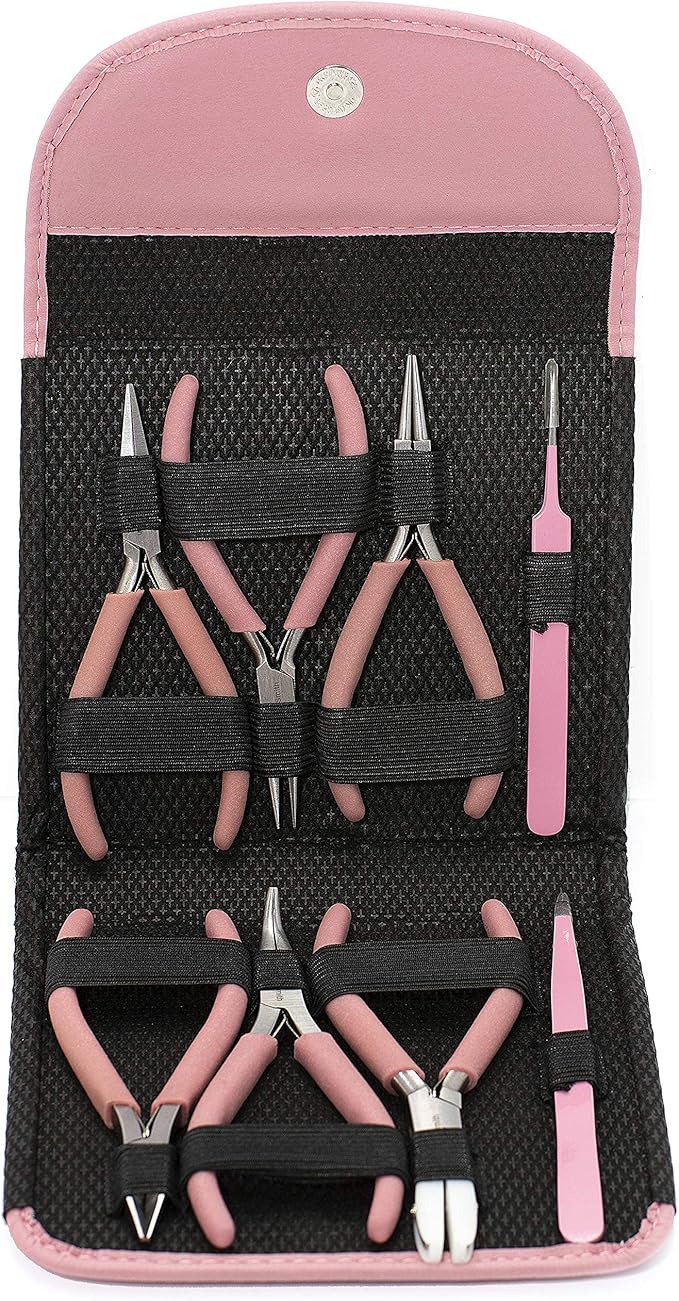 The Beadsmith Fashion Color Pliers – Set of 8 Slimline Color-Coordinated Tools – Matching Clutch in Bubblegum – Jewelry Making Supply Kit to Create Necklaces, Bracelets, Earrings & More