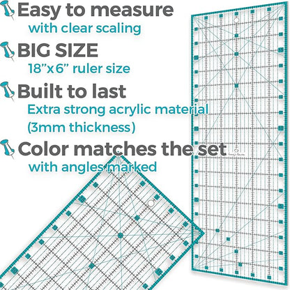 Rotary Cutter Set turquoise - Quilting Kit incl. 45mm Rotary Cutter, 5 Replacement Blades, A2 Cutting Mat, Acrylic Ruler and Craft Clips - Ideal for Crafting, Sewing, Patchworking, Crochet & Knitting