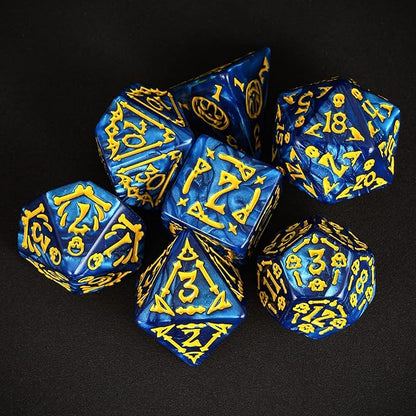 7-Die DND Dice Set Halloween Pattern Polyhedral Dice Set with Leather Bag, Skull Dice D&D Dice Set for RPG Table Games (Halloween Pattern-Blue)