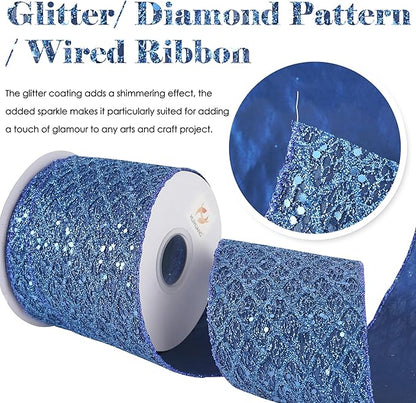 HUIHUANG Navy Blue Wired Christmas Ribbon 4 inch Navy Glitter Wired Ribbon Diamond Mesh Wire Ribbon for X-mas Tree Decorations, Wreaths, Garland, Large Bows Making, Home Decor -10 Yards