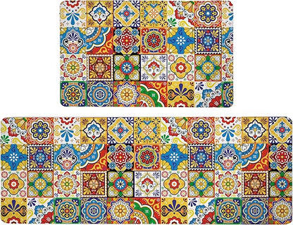 Boho Kitchen Rugs Set 2 Memory Foam Colorful Ceramic Comfort Tile Floor Mat Anti Fatigue Non-Skid PVC Runner Rug Water & Oil Proof Carpet for Kitchen Laundry Sink,17.3x28+17.3x47 Inch, C2