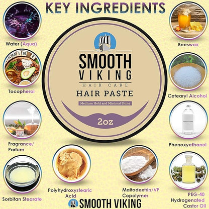 Smooth Viking Hair Paste for Men - Hair Styling Cream with Minimal Shine & Medium Hold Hair Products for Men, Hair Cream for Men, Styling Paste for Textured Messy Hairstyle - Made in USA, 2oz