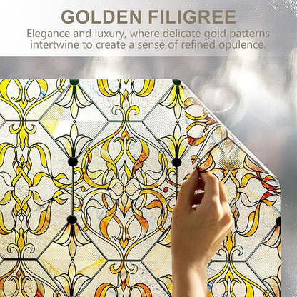 3D Stained Glass Window Privacy Film, Heat Control UV Blocking Static Cling Decorative Window Film for Bathroom,Front Door,Home Non Adhesive 16.9 x 78.7 inches Golden Filigree