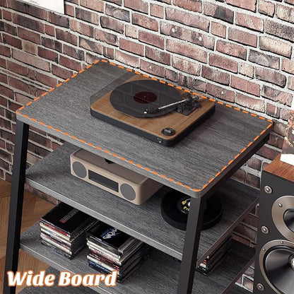 AV Media Stand with Outlets, Media Console with LED Lights, Stereo Racks and Stands with Storage Shelves, Media Audio Tower Stand, Light Grey Walnut