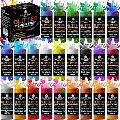 24 Color Pigment Paste for Epoxy Resin Set [ Glitter Series ] – Opaque Epoxy Pigment, Epoxy Dye Paste & High Concentration Mica Powder for Resin Art, Jewelry, Tumblers, Coasters & Crafts