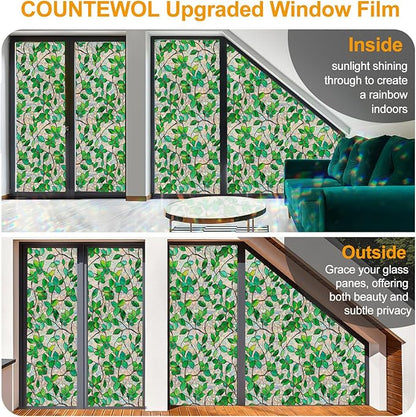 Window Privacy Film Stain Glass Window Film Rainbow Window Film Window clings Non-Adhesive Reusable Decorative for Room (Greenery Leaf, 45.2 x 157.4 in)