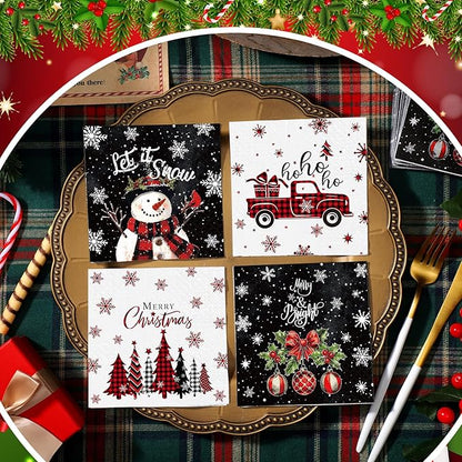 Janlaugh 200 Pcs Christmas Paper Napkins Disposable Snowman Cocktail Napkins Decoupage 2 Ply Snowflake Dinner Napkins Santa Beverage Napkins for Xmas Winter Table Decor(Black,Snowman)