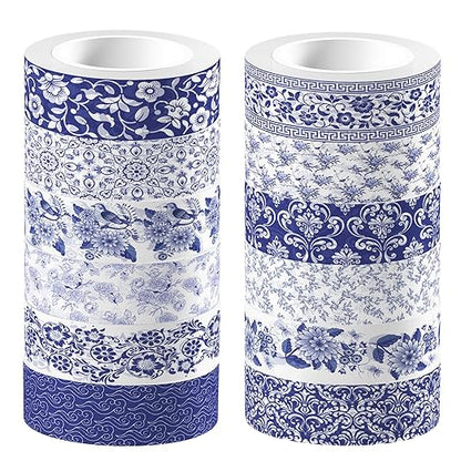 12 Pcs blue and white porcelain Washi Tape Maple Leaf Print Masking Tape Pumpkin Pattern Decorative Paper Sticker for Fall Party Holiday Scrapbook DIY Craft Gift Wrapping Handbook Sticker