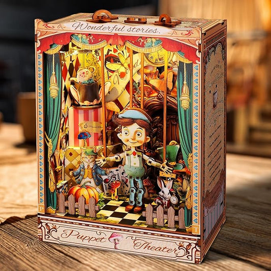 LED 3D Wood Puzzle Puppet Theater Book Nook Kit - Interactive Miniature DIY Bookshelf Insert with Movable Puppets - Creative Fantasy Scene Home Decor Gift(Puppet Theater)