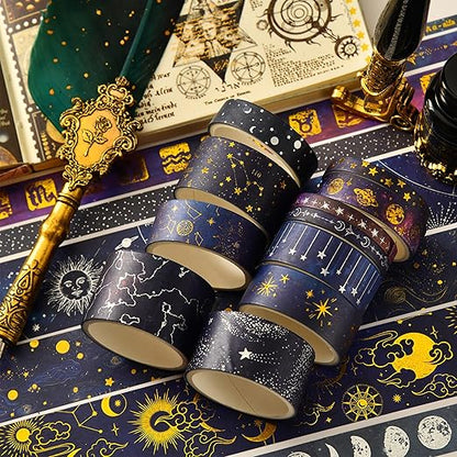 20 Rolls Galaxy Washi Tape Set Stars Arts Adhesive Tapes Gold Silver Foil Decorative Masking Tape Sets for Craft, Kids, Scrapbook, DIY, Gift Wrapping