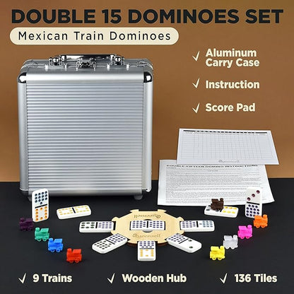 Queensell Mexican Train Dominoes - 136 Colored Dot Double 15s, 9 Trains, Wooden Hub, Aluminum Case