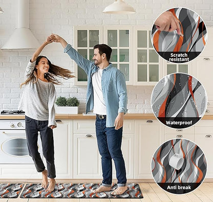 Kitchen Mats for Floor Modern Abstract kitchen rugs Grey and Orange Stripe Anti Fatigue Kitchen Mats Waterproof Floor Mats Cushioned Non-Skid Standing Mats for Kitchen, Set of 2,17.3 x 28+17.3 x 47