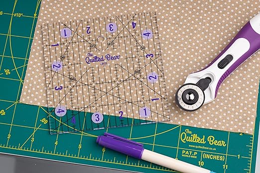 The Quilted Bear Quilting Rulers - Transparent Acrylic Non Slip Quilting, Patchwork & Sewing Ruler with Clear Black Lines & 30, 45 & 60 Degree Angles for Perfect Accuracy & Precision (4" x 4")