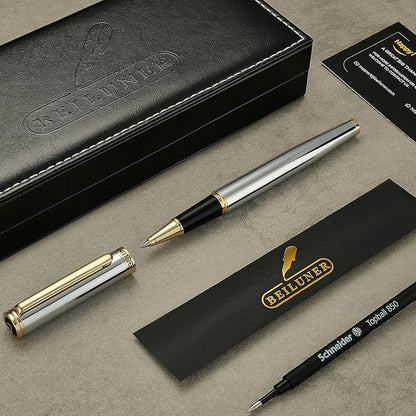 BEILUNER Silver Chrome Personalized Pen, Stunning Luxury with 24K Gold Finish,Noble and Elegant Designs,Schneider Ink Refill, Best Gift Pen for Men & Women, Graduation, Executive Office, Fancy Pens