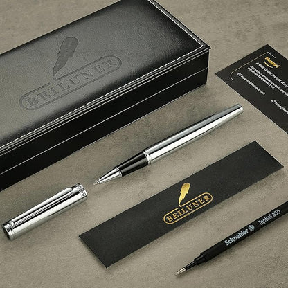 BEILUNER Luxury Silver Rollerball Pen, Stunning Bright Silver Chrome Finish,Noble and Elegant Designs,Schneider Ink Refill, Best Gift Pen for Men & Women, Professional, Executive Office, Fancy Pens