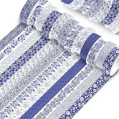 12 Pcs blue and white porcelain Washi Tape Maple Leaf Print Masking Tape Pumpkin Pattern Decorative Paper Sticker for Fall Party Holiday Scrapbook DIY Craft Gift Wrapping Handbook Sticker