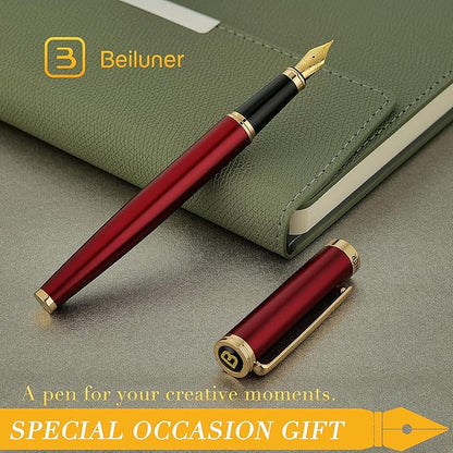 BEILUNER Red Fountain Pen,Stunning Luxury Pens with 24K Gold Finish, Gorgeous 24K Gilded Nib(Fine), Trustworthy Pen Gift for Men&Women -Ink Converter-Elegant,Graduation,Office,Nice Pen for Writing