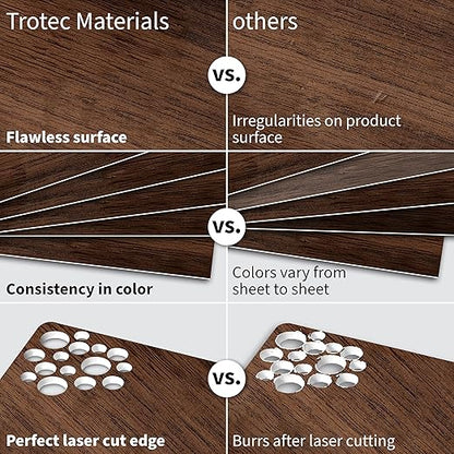 Trotec TroLase | 12"x12"x1/16", 8 Pcs | English Walnut/White | 2 Ply | Modified Acrylic | Laser Engraving Double Color Plastic Sheet | Engraving Blanks for Laser, Saw, Guillotine | Made in USA