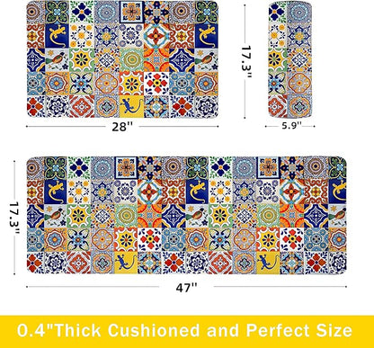 weesire Boho Kitchen Rugs Set 2 Pieces Memory Foam Colorful Ceramic Comfort Tile Floor Mat Anti Fatigue Non-Skid PVC Runner Rug Water & Oil Proof Carpet for Kitchen Laundry Sink,17.3x28+17.3x47 Inch