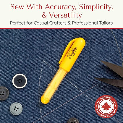 Fabric Markers for Sewing – Ergonomic Tailors Chalk Pen with Improved Dosing Wheel for Sharp Lines - Washable Sewing Chalk Marking Pens that are Compatible with Most Fabrics - White and Yellow 2 Pack