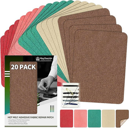 KING MOUNTAIN Iron-on Repair Patch 20 Pcs Pack,Denim Patches for Jeans Kit 3" by 4-1/4", 100% Cotton Denim Iron-on Repair Patch,Jeans and Clothing Repair and Decoration Kit (Five Color 2.0)