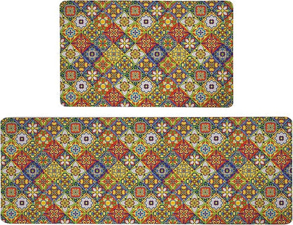 Boho Kitchen Rugs Set 2 Memory Foam Colorful Ceramic Comfort Tile Floor Mat Anti Fatigue Non-Skid PVC Runner Rug Water & Oil Proof Carpet for Kitchen Laundry Sink,17.3x28+17.3x47 Inch, C4