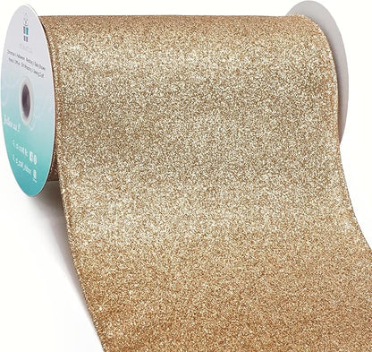CT CRAFT LLC Glitter Wired Ribbon 6" x 10 Yards Gold (Champagne Gold) for Christmas Home Decor Bow Gift Wrapping DIY Crafts Wreath